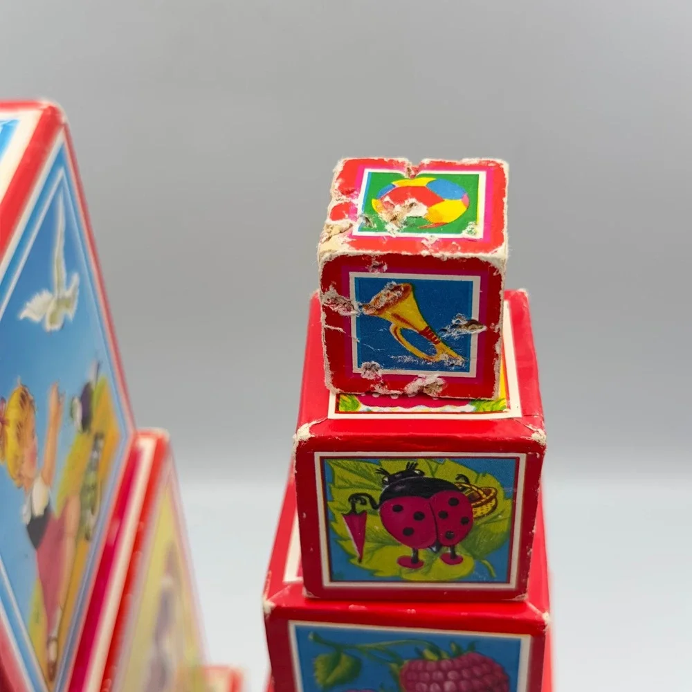 Vintage Mid Century Nesting Stacking Blocks Cardboard Animal Illustrations 9pc‎